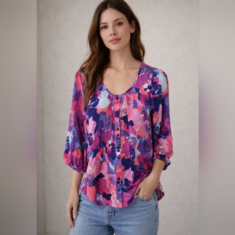 Yumi Kim Floral Button Front Blouse Size S Multicolor Boho Feminine Top